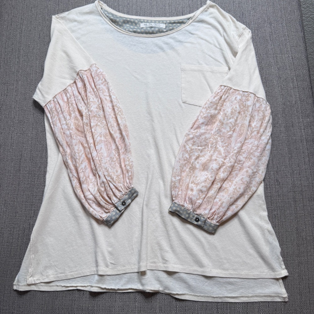 We The Free People Cream Mixed Media Floral Balloon Sleeve Pocket Top Large